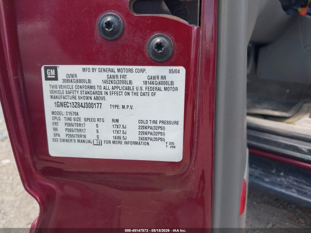 45147572 :رقم المزاد ، 1GNEC13Z84J300177 vin ، 2004 Chevrolet Tahoe Lt مزاد بيع