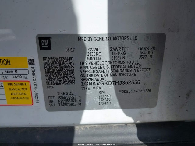 45147580 :رقم المزاد ، 1GNKVGKD7HJ352556 vin ، 2017 Chevrolet Traverse 1lt مزاد بيع