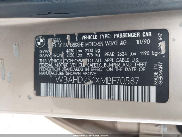 Aukcja sprzedaży 1991 Bmw 535 I Automatic, vin: WBAHD231XMBF70587, numer aukcji: 45147582
