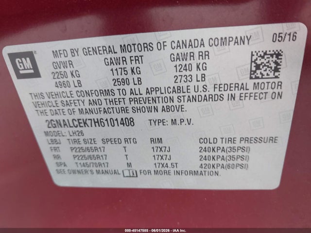 Aukcja sprzedaży 2017 Chevrolet Equinox Lt, vin: 2GNALCEK7H6101408, numer aukcji: 45147585