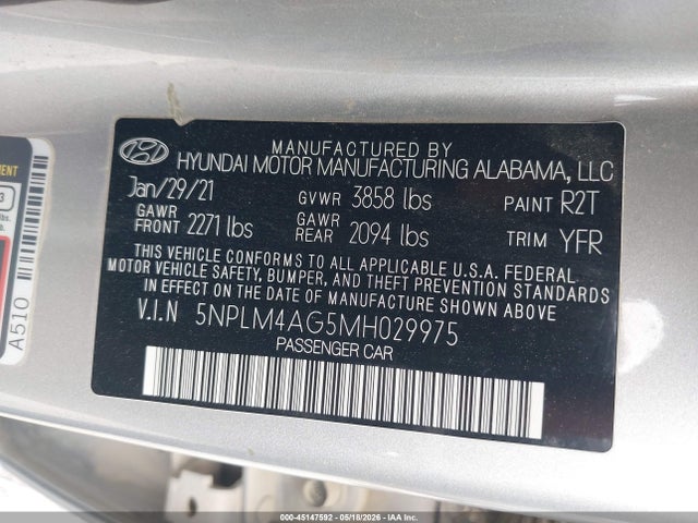 Aukcja sprzedaży 2021 Hyundai Elantra Sel, vin: 5NPLM4AG5MH029975, numer aukcji: 45147592