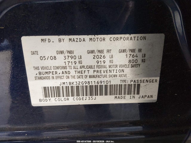 Aukcja sprzedaży 2008 Mazda Mazda3 I Touring Value, vin: JM1BK32G981169101, numer aukcji: 45147599