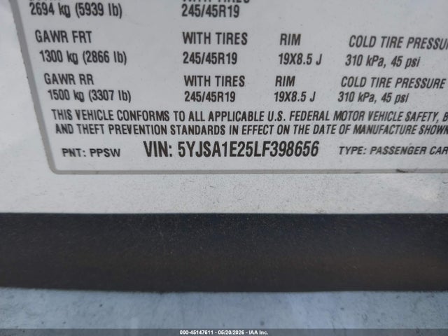 45147611 :رقم المزاد ، 5YJSA1E25LF398656 vin ، 2020 Tesla Model S Long Range Dual Motor All-wheel Drive/long Range Plus Dual Motor All-wheel Drive مزاد بيع
