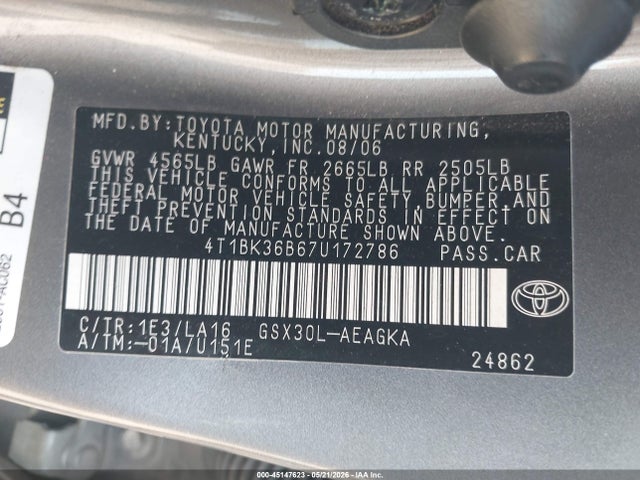 Aukcja sprzedaży 2007 Toyota Avalon Xls, vin: 4T1BK36B67U172786, numer aukcji: 45147623