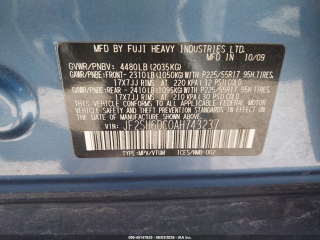 Продаж на аукціоні авто 2010 Subaru Forester 2.5x Limited, vin: JF2SH6DC0AH743237, номер лоту: 45147625