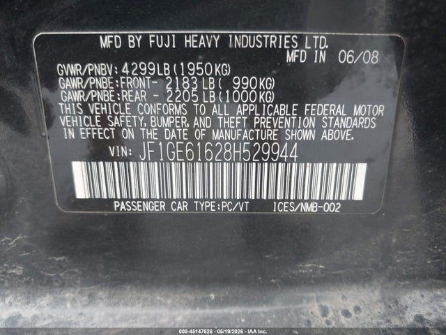 45147628 :رقم المزاد ، JF1GE61628H529944 vin ، 2008 Subaru Impreza  (natl) I مزاد بيع