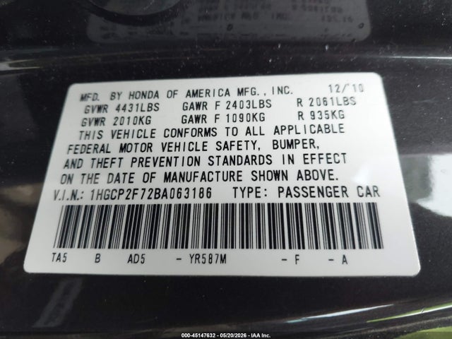2011 Honda Accord 2.4 Ex მანქანა იყიდება აუქციონზე, vin: 1HGCP2F72BA063186, აუქციონის ნომერი: 45147632