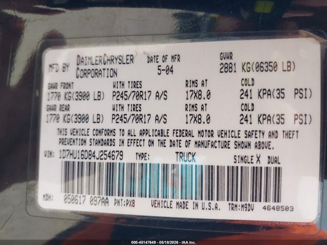 Aukcja sprzedaży 2004 Dodge Ram 1500 Slt/laramie, vin: 1D7HU16D84J254679, numer aukcji: 45147649