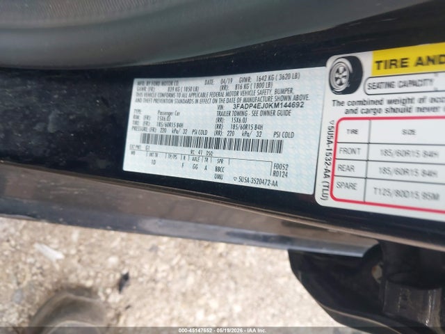 2019 Ford Fiesta Se მანქანა იყიდება აუქციონზე, vin: 3FADP4EJ0KM144692, აუქციონის ნომერი: 45147652