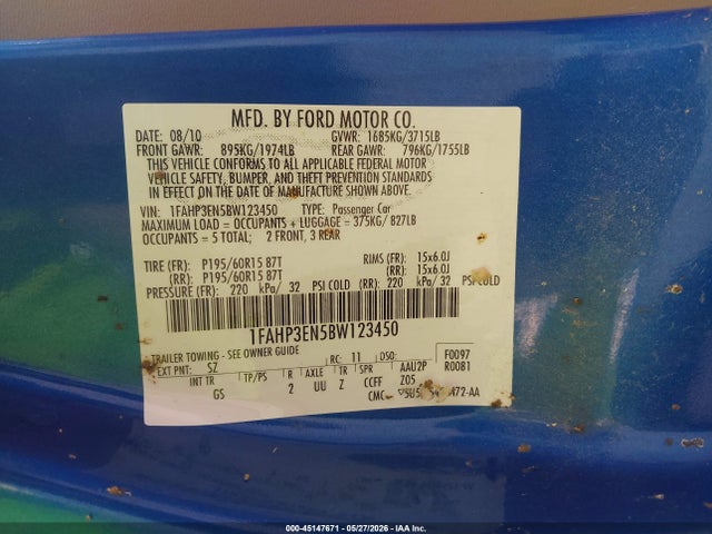 Продаж на аукціоні авто 2011 Ford Focus S, vin: 1FAHP3EN5BW123450, номер лоту: 45147671