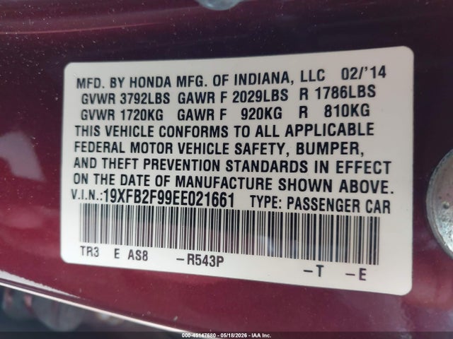 Продаж на аукціоні авто 2014 Honda Civic Ex-l, vin: 19XFB2F99EE021661, номер лоту: 45147680