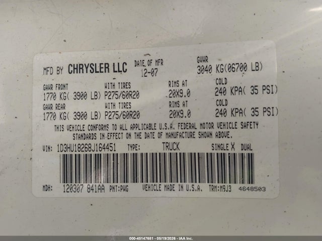 Продаж на аукціоні авто 2008 Dodge Ram 1500 Slt, vin: 1D3HU18268J164451, номер лоту: 45147681