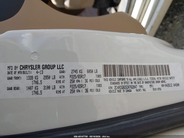 45147700 :رقم المزاد ، 2C4RDGBG5DR762847 vin ، 2013 Dodge Grand Caravan Se مزاد بيع