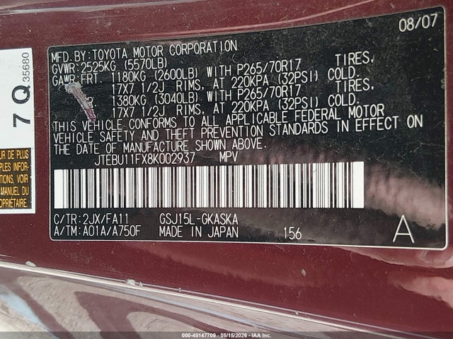 Продажа на аукционе авто 2008 Toyota Fj Cruiser, vin: JTEBU11FX8K002937, номер лота: 45147709