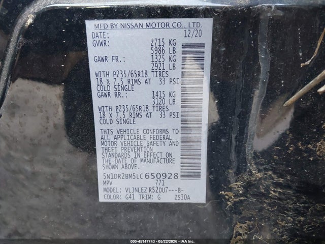 Aukcja sprzedaży 2020 Nissan Pathfinder Sv 4wd, vin: 5N1DR2BM5LC650928, numer aukcji: 45147743