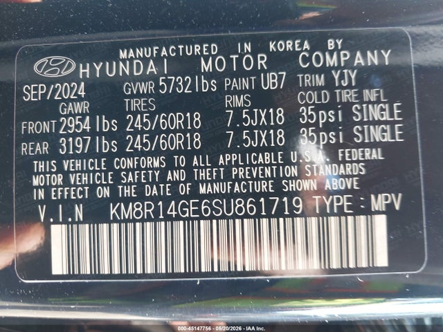 45147756 :رقم المزاد ، KM8R14GE6SU861719 vin ، 2025 Hyundai Palisade Se مزاد بيع
