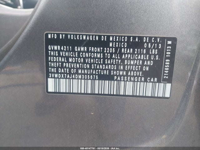 Aukcja sprzedaży 2013 Volkswagen Jetta 2.5l Se, vin: 3VWDX7AJ4DM305675, numer aukcji: 45147761