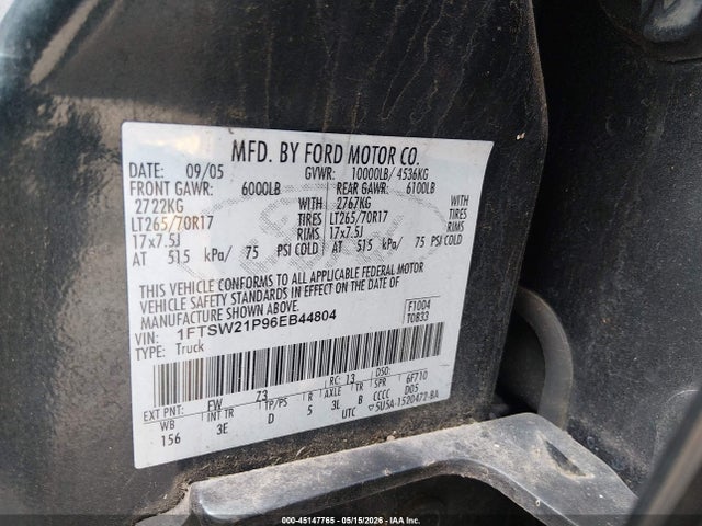 45147765 :رقم المزاد ، 1FTSW21P96EB44804 vin ، 2006 Ford F-250 Lariat/xl/xlt مزاد بيع