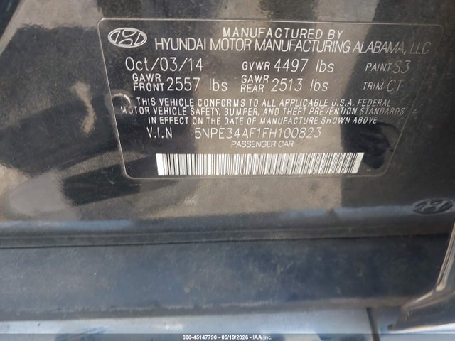 2015 Hyundai Sonata Sport მანქანა იყიდება აუქციონზე, vin: 5NPE34AF1FH100823, აუქციონის ნომერი: 45147790