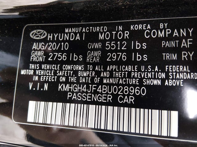 Продаж на аукціоні авто 2011 Hyundai Equus Signature, vin: KMHGH4JF4BU028960, номер лоту: 45147810