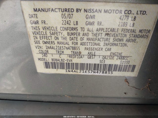 Продаж на аукціоні авто 2007 Nissan Altima 2.5 S, vin: 1N4AL21E57N478855, номер лоту: 45147813