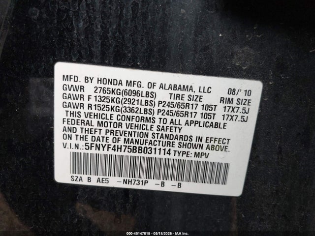 45147815 :رقم المزاد ، 5FNYF4H75BB031114 vin ، 2011 Honda Pilot Ex-l مزاد بيع