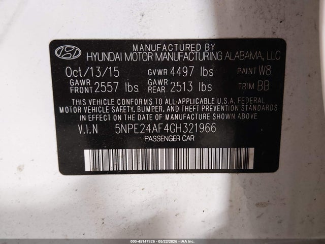 5NPE24AF4GH321966 Hyundai SONATA SE