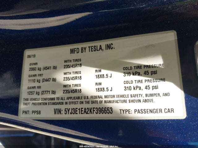Aukcja sprzedaży 2019 Tesla Model 3 Long Range/mid Range/standard Range/standard Range Plus, vin: 5YJ3E1EA2KF396653, numer aukcji: 45147831
