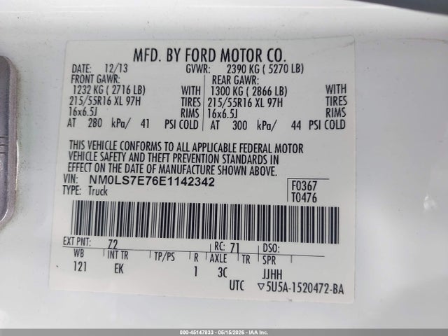 2014 Ford Transit Connect Xl მანქანა იყიდება აუქციონზე, vin: NM0LS7E76E1142342, აუქციონის ნომერი: 45147833