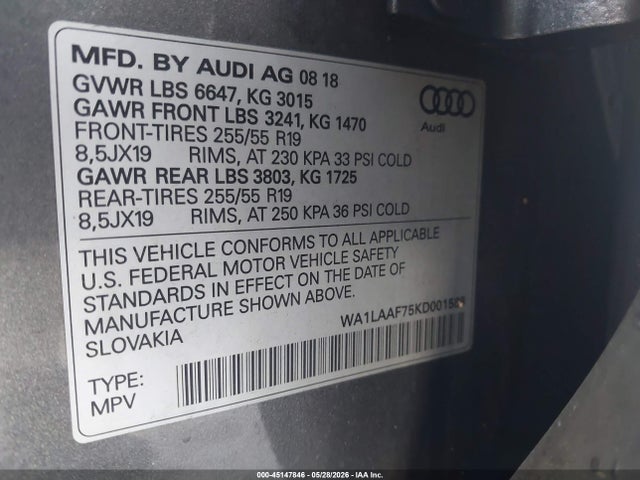 2019 Audi Q7 55 Premium/55 Se Premium მანქანა იყიდება აუქციონზე, vin: WA1LAAF75KD001588, აუქციონის ნომერი: 45147846