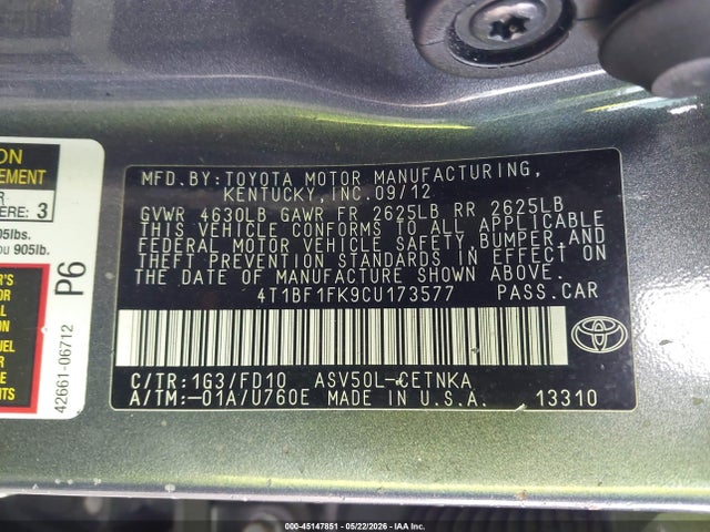 Aukcja sprzedaży 2012 Toyota Camry Le, vin: 4T1BF1FK9CU173577, numer aukcji: 45147851