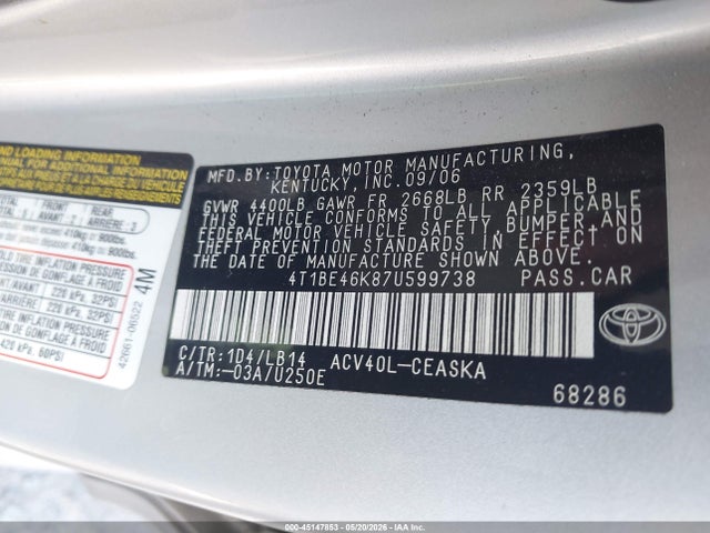 45147853 :رقم المزاد ، 4T1BE46K87U599738 vin ، 2007 Toyota Camry Se مزاد بيع