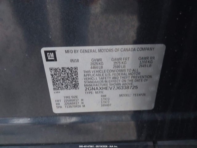 Auction sale of the 2018 Chevrolet Equinox Ls, vin: 2GNAXHEV7J6338725, lot number: 45147861