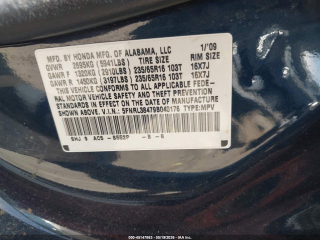 Aukcja sprzedaży 2009 Honda Odyssey Ex, vin: 5FNRL38479B040176, numer aukcji: 45147863