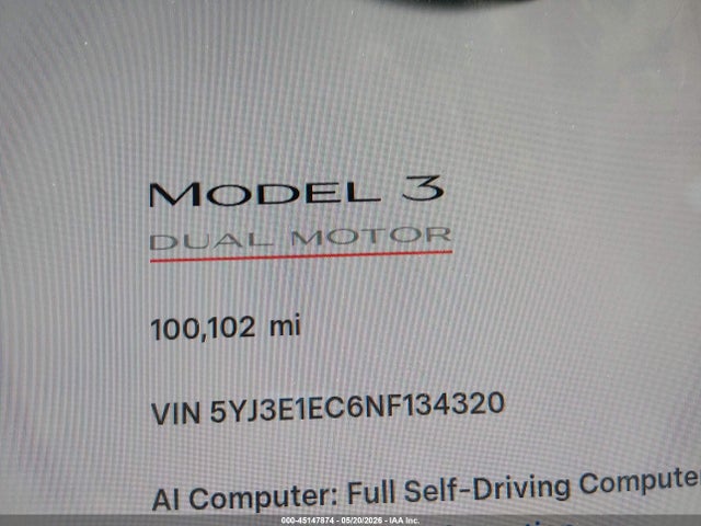 2022 Tesla Model 3 Performance Dual Motor All-wheel Drive მანქანა იყიდება აუქციონზე, vin: 5YJ3E1EC6NF134320, აუქციონის ნომერი: 45147874