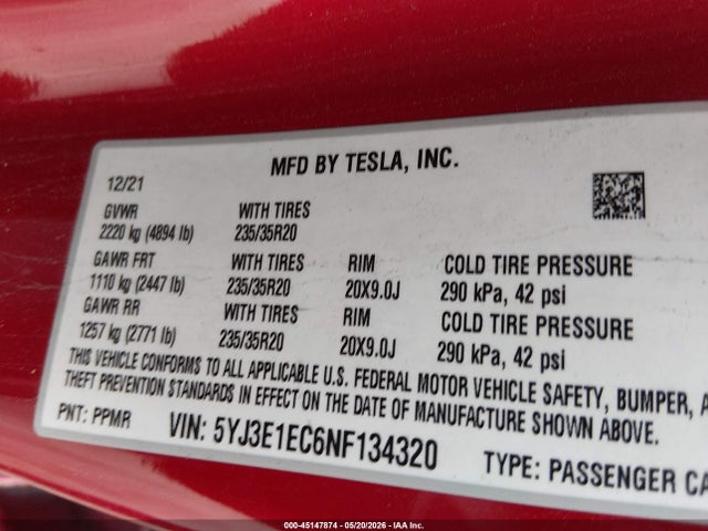 2022 Tesla Model 3 Performance Dual Motor All-wheel Drive მანქანა იყიდება აუქციონზე, vin: 5YJ3E1EC6NF134320, აუქციონის ნომერი: 45147874