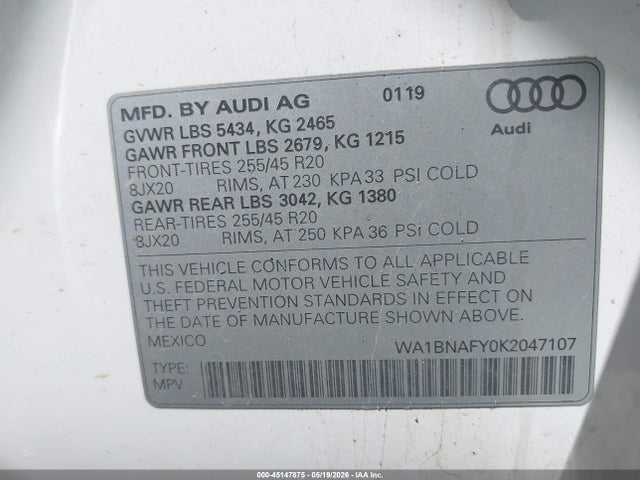 Aukcja sprzedaży 2019 Audi Q5 45 Premium, vin: WA1BNAFY0K2047107, numer aukcji: 45147875