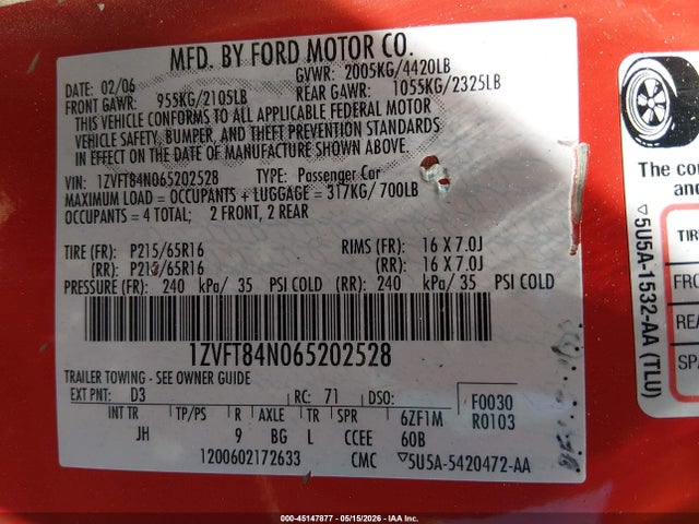 2006 Ford Mustang V6 მანქანა იყიდება აუქციონზე, vin: 1ZVFT84N065202528, აუქციონის ნომერი: 45147877