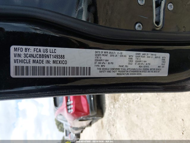 Продажа на аукционе авто 2022 Jeep Compass Latitude Fwd, vin: 3C4NJCBB9NT149388, номер лота: 45147880