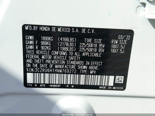 3CZRU6H14NM769272 Honda Hr-v Awd Sport