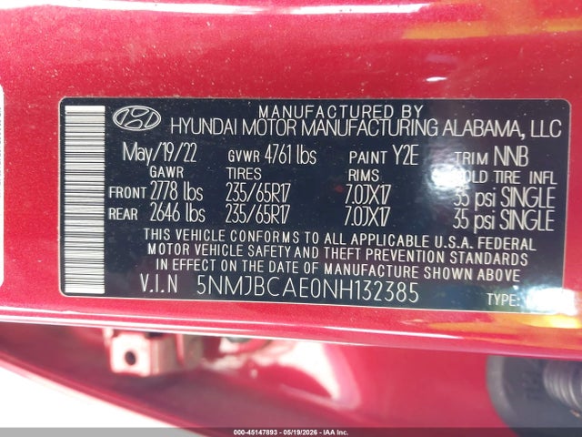 2022 Hyundai Tucson Sel მანქანა იყიდება აუქციონზე, vin: 5NMJBCAE0NH132385, აუქციონის ნომერი: 45147893