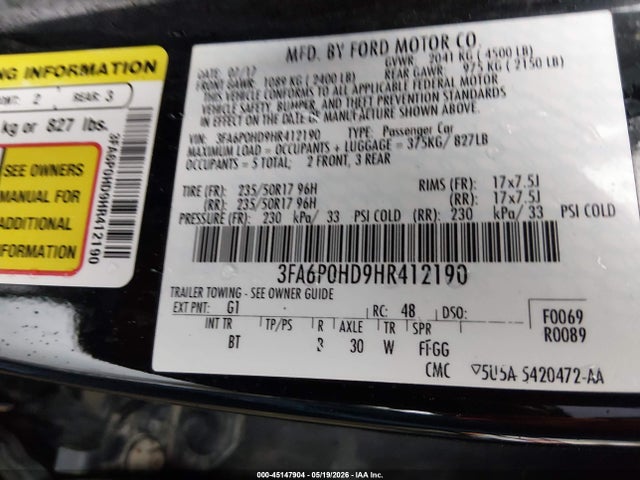 Aukcja sprzedaży 2017 Ford Fusion Se, vin: 3FA6P0HD9HR412190, numer aukcji: 45147904
