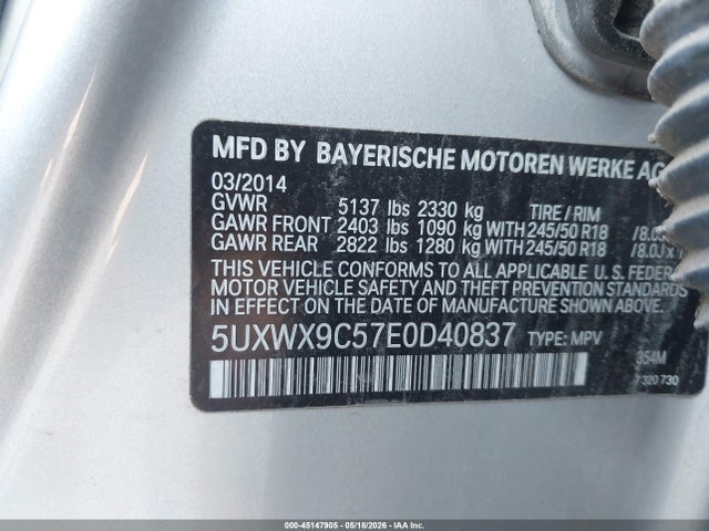 45147905 :رقم المزاد ، 5UXWX9C57E0D40837 vin ، 2014 Bmw X3 Xdrive28i مزاد بيع