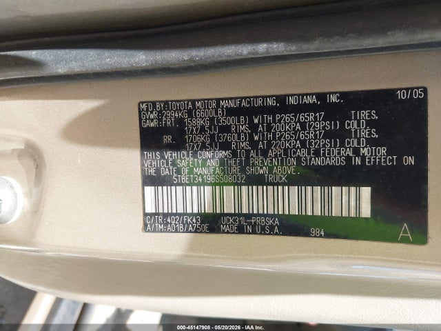 Aukcja sprzedaży 2006 Toyota Tundra Sr5 V8, vin: 5TBET34196S508032, numer aukcji: 45147908