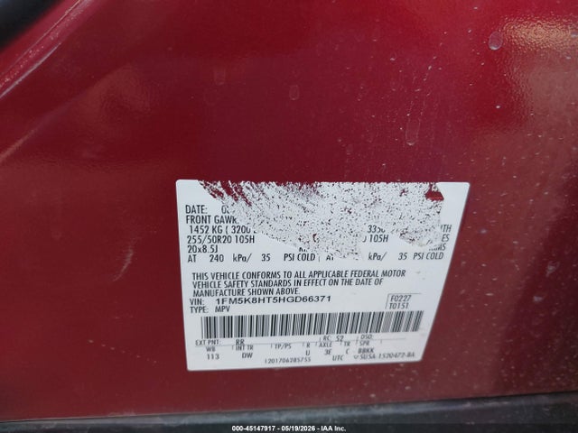 Aukcja sprzedaży 2017 Ford Explorer Platinum, vin: 1FM5K8HT5HGD66371, numer aukcji: 45147917