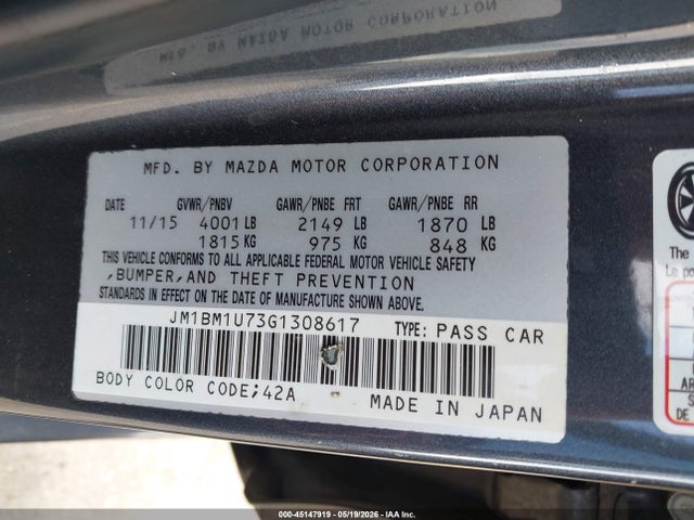 Aukcja sprzedaży 2016 Mazda Mazda3 I Sport, vin: JM1BM1U73G1308617, numer aukcji: 45147919