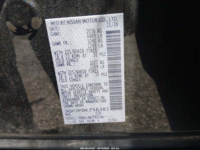 45147921 :رقم المزاد ، 5N1AT2MT0HC756381 vin ، 2017 Nissan Rogue Sl مزاد بيع