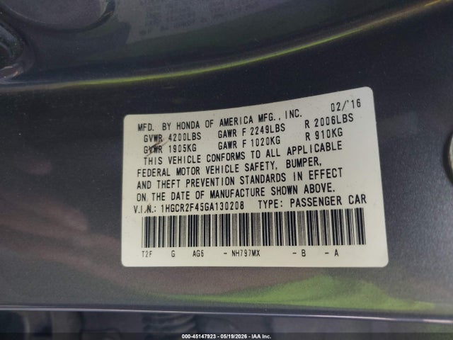 Aukcja sprzedaży 2016 Honda Accord Lx, vin: 1HGCR2F45GA130208, numer aukcji: 45147923