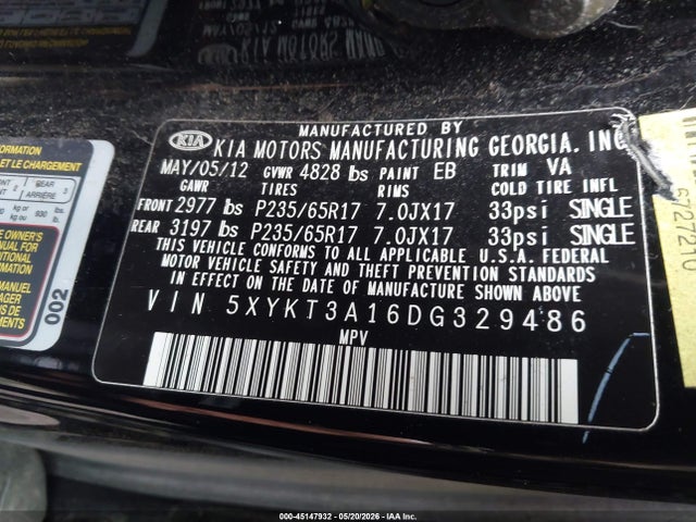 2013 Kia Sorento Lx მანქანა იყიდება აუქციონზე, vin: 5XYKT3A16DG329486, აუქციონის ნომერი: 45147932