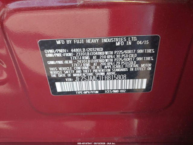 45147941 :رقم المزاد ، JF2SJAAC1FH815808 vin ، 2015 Subaru Forester 2.5i مزاد بيع